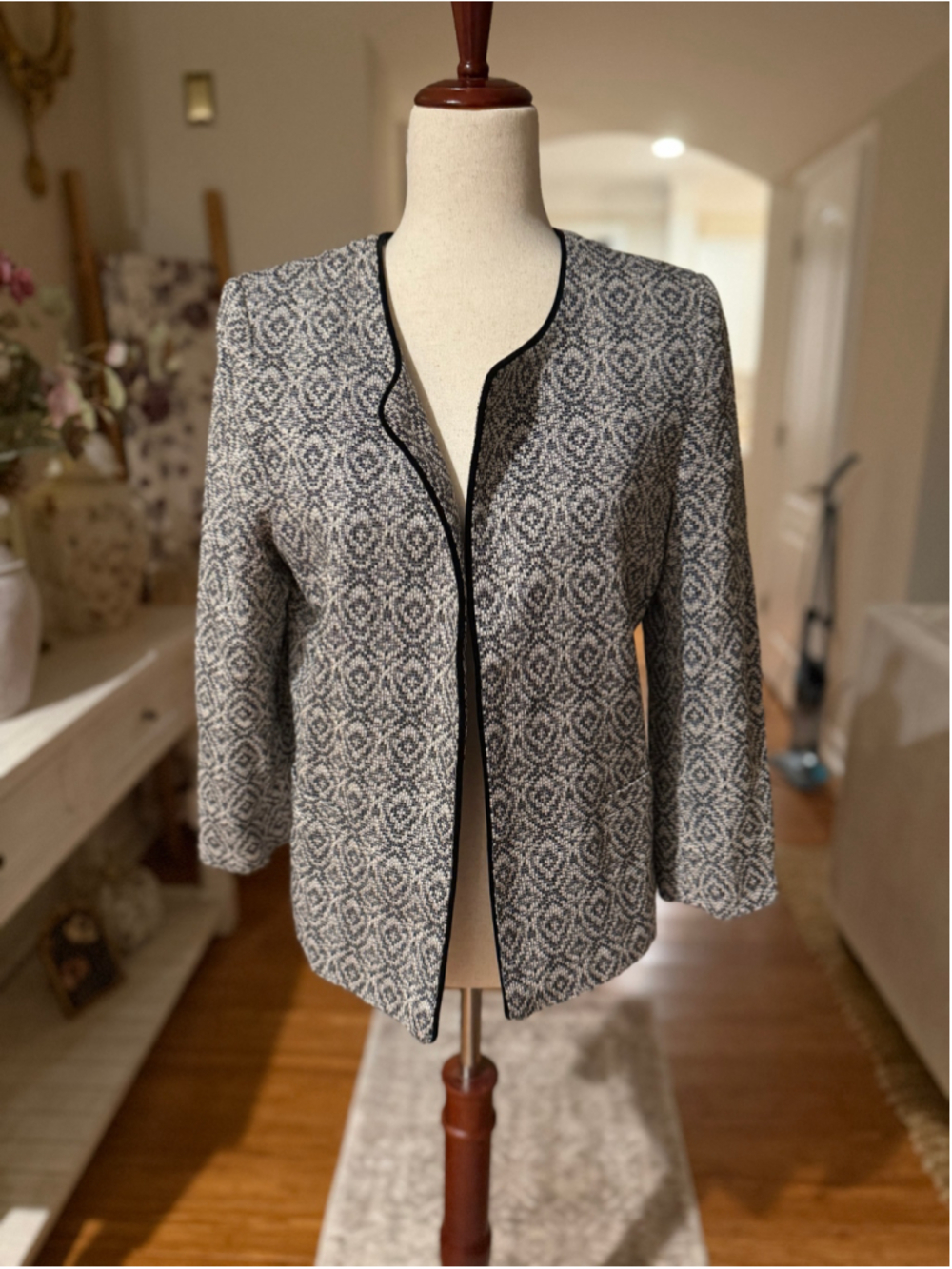 Pleione Blazer Size M Black White Geometric Print Open Front Jacket